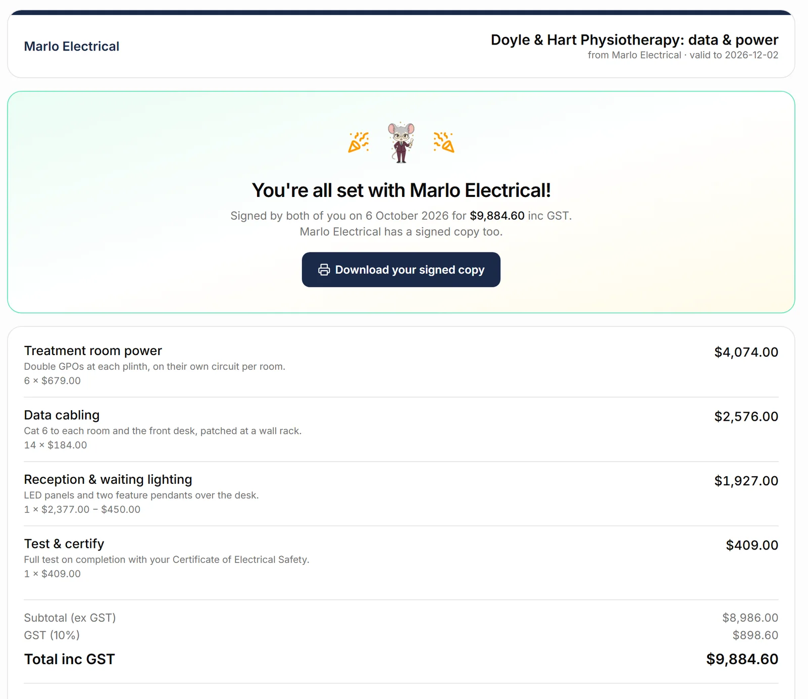 What the client sees once both have signed: You’re all set with Marlo Electrical, signed by both on 6 October 2026 for $9,884.60 including GST, a Download your signed copy button, and the agreed lines with subtotal $8,986, GST $898.60 and total $9,884.60