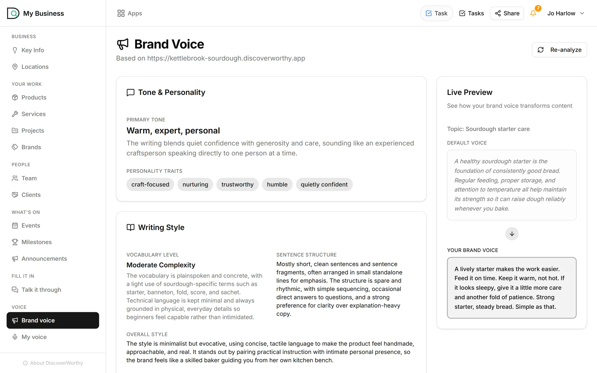 Brand voice for Kettlebrook Sourdough: primary tone warm, expert, personal; traits craft-focused, nurturing, trustworthy, humble, quietly confident; its vocabulary and sentence structure; and the live preview
