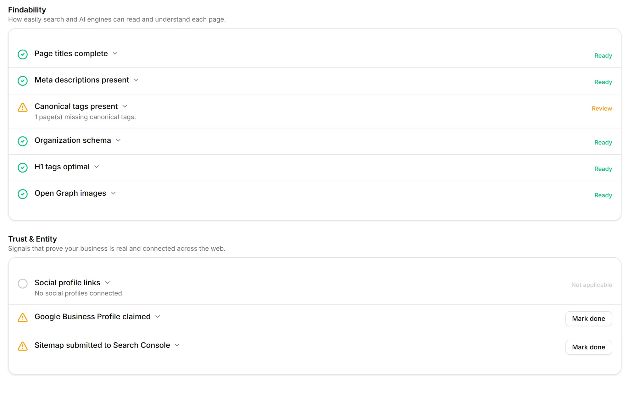 The rest of the checklist: page titles, meta descriptions, Organization schema, H1s and Open Graph images ready, one page missing a canonical tag, and the Google Business Profile and Search Console steps