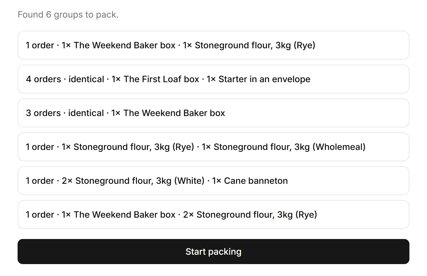 Batch packing found 6 groups to pack, including 4 identical orders of a First Loaf box and starter, and 3 identical orders of a Weekend Baker box