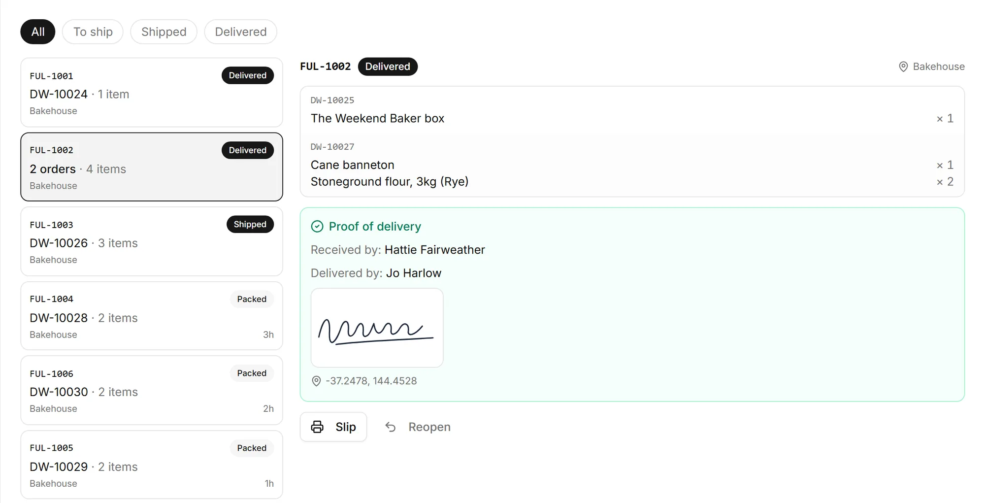 Fulfilment FUL-1002, delivered: two orders from one customer in one parcel, with proof of delivery showing who received it, who delivered it, a signature and the location