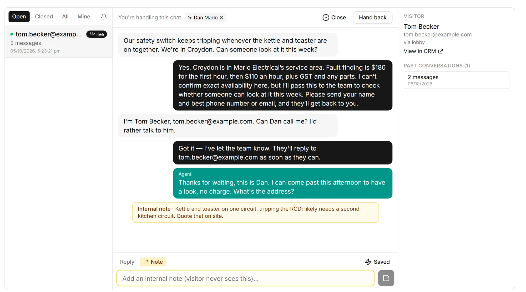The Lobby inbox for a demo electrician, mid-takeover: the visitor asked about a tripping safety switch, the front desk answered from his prices, the visitor asked for Dan, Dan replied from a saved reply, an internal note sits under it, and the visitor’s details, CRM link and past conversations are on the right