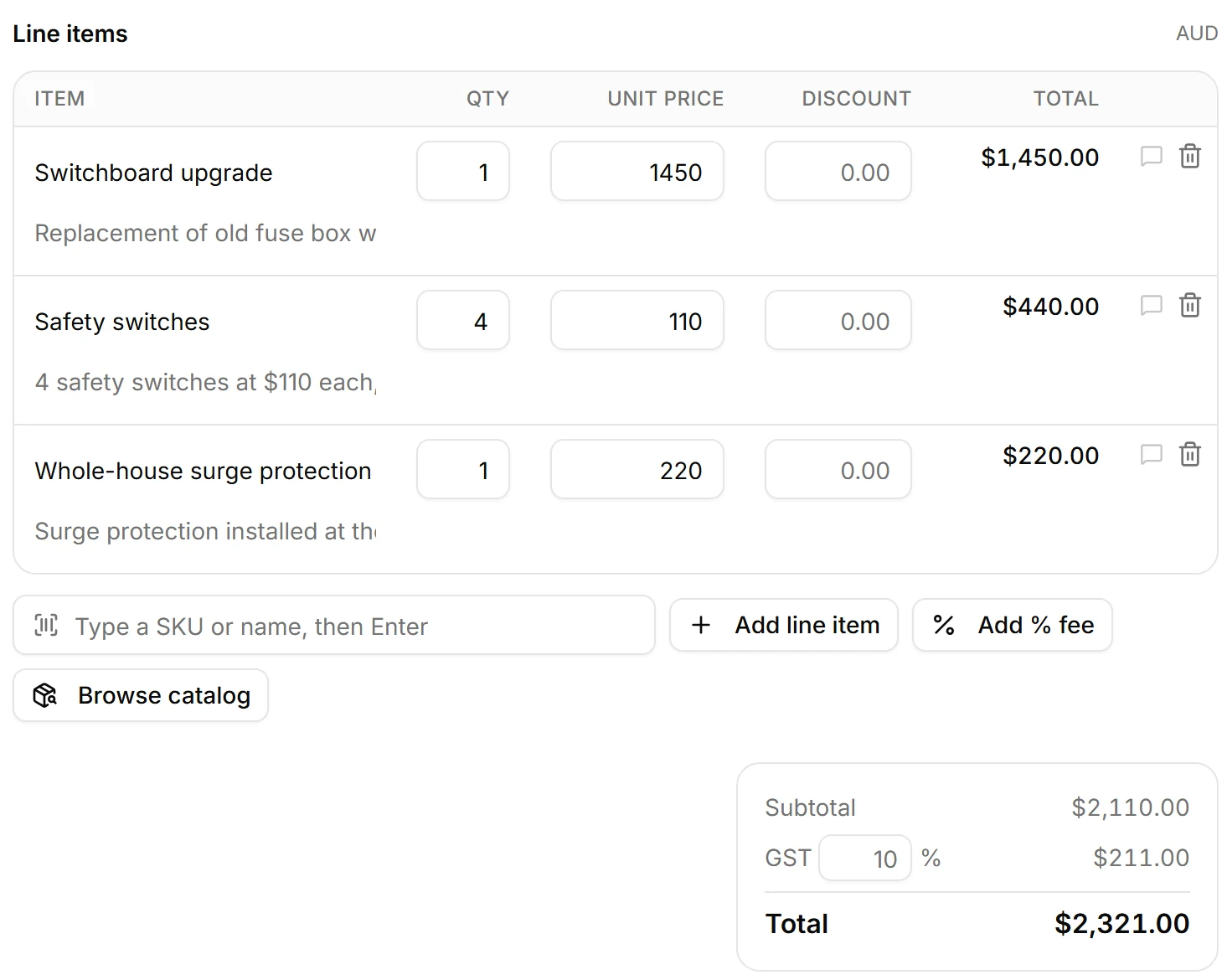 The draft quote a chat on a demo electrician’s site produced, open in Quotes: a switchboard upgrade, four safety switches and whole-house surge protection, $2,110 plus GST, $2,321