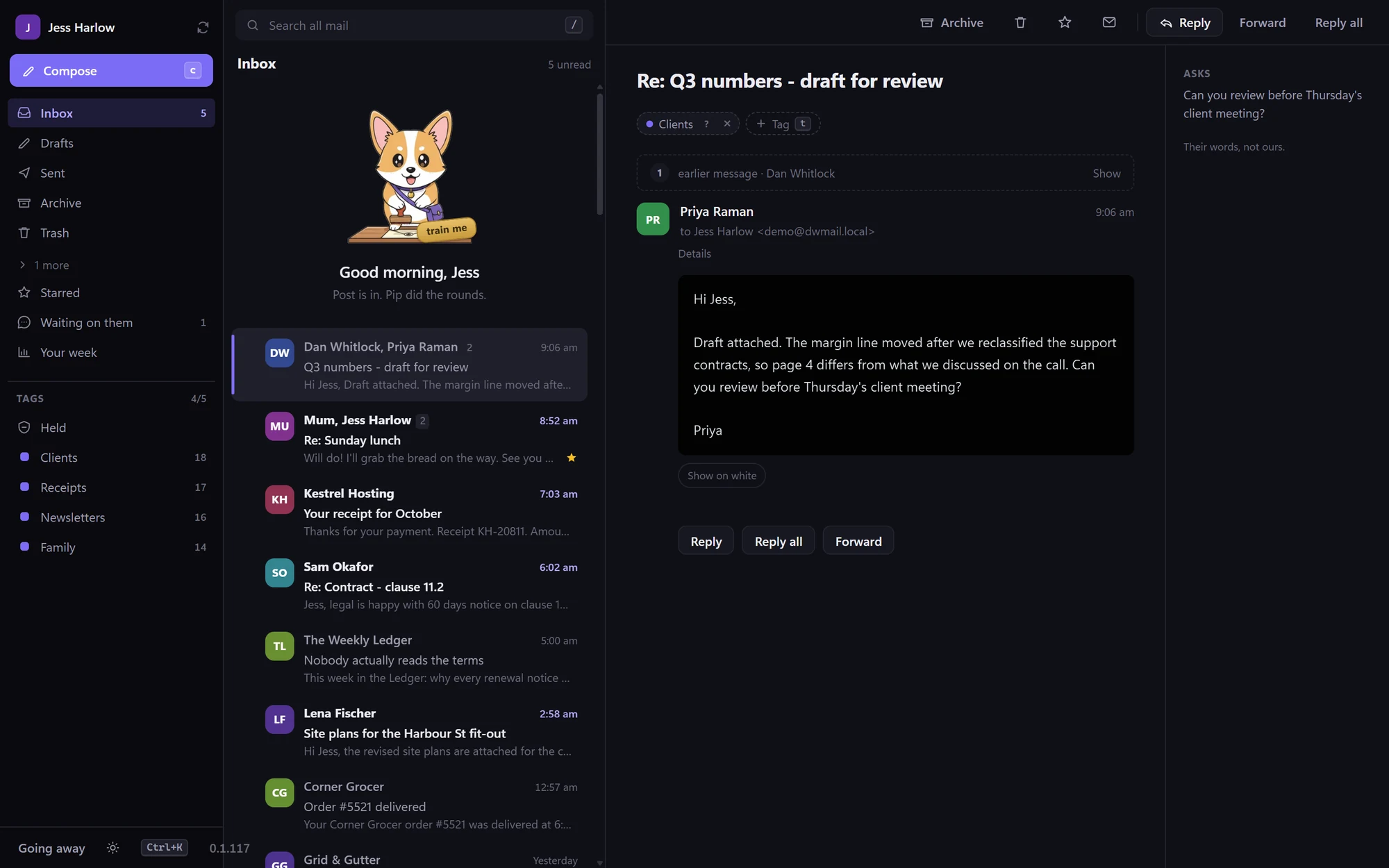DiscoverWorthy Mail on Windows: the inbox with five unread, tags for Clients, Receipts, Newsletters and Family in the sidebar, and an open message the model has tagged Clients, with its question pulled out under Asks