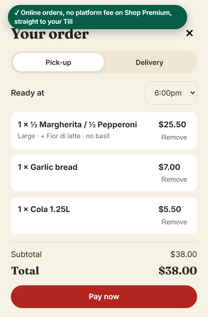 The order drawer with pick-up or delivery and a ready time