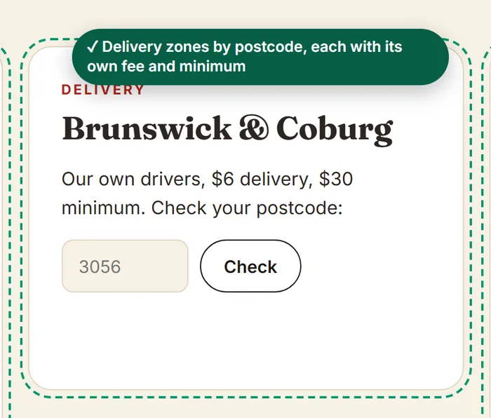 Delivery area with a postcode check