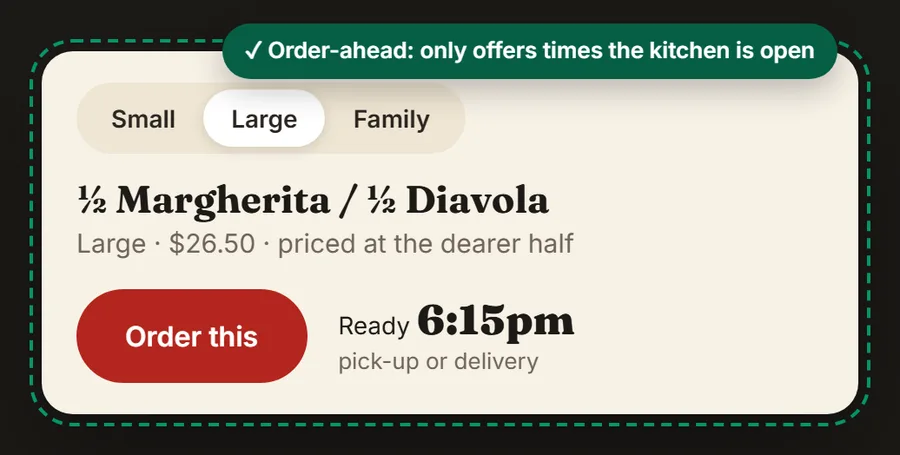 Size choice, price and a ready time of 6:00pm