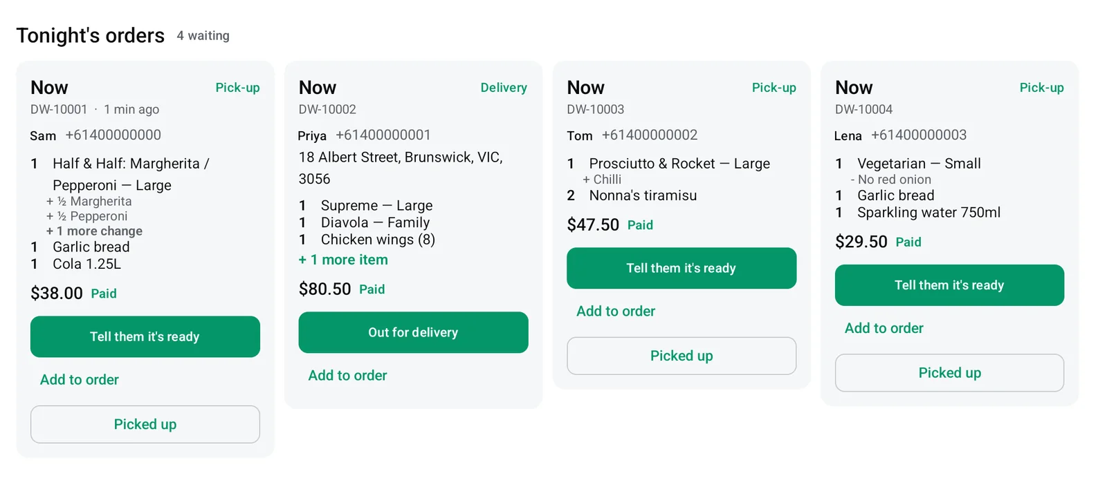 The Till’s order board with four online orders