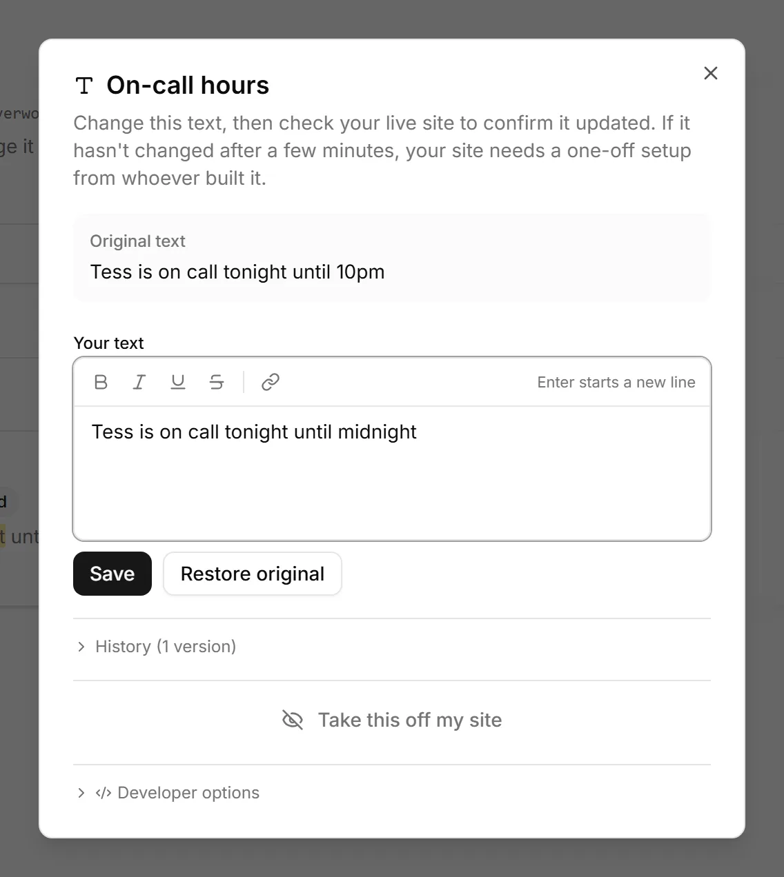 A demo plumber’s on-call hours open in the dashboard, being changed from until 10pm to until midnight