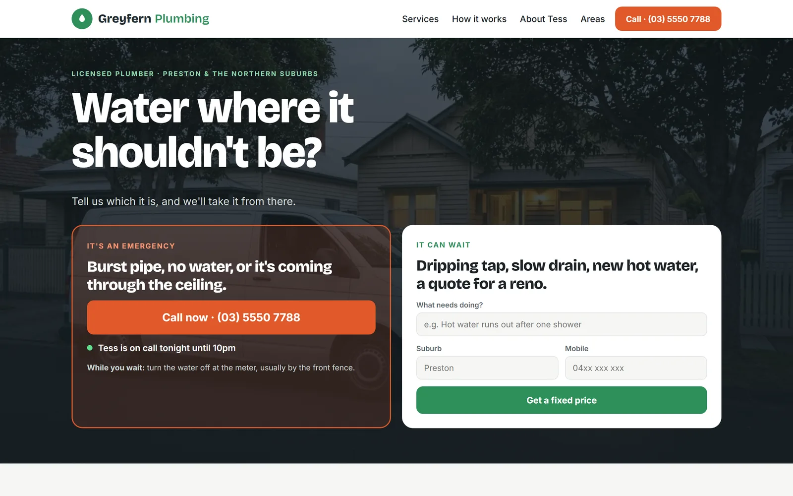 Greyfern Plumbing’s live homepage, a demo site built on DiscoverWorthy, with its emergency call button and on-call hours