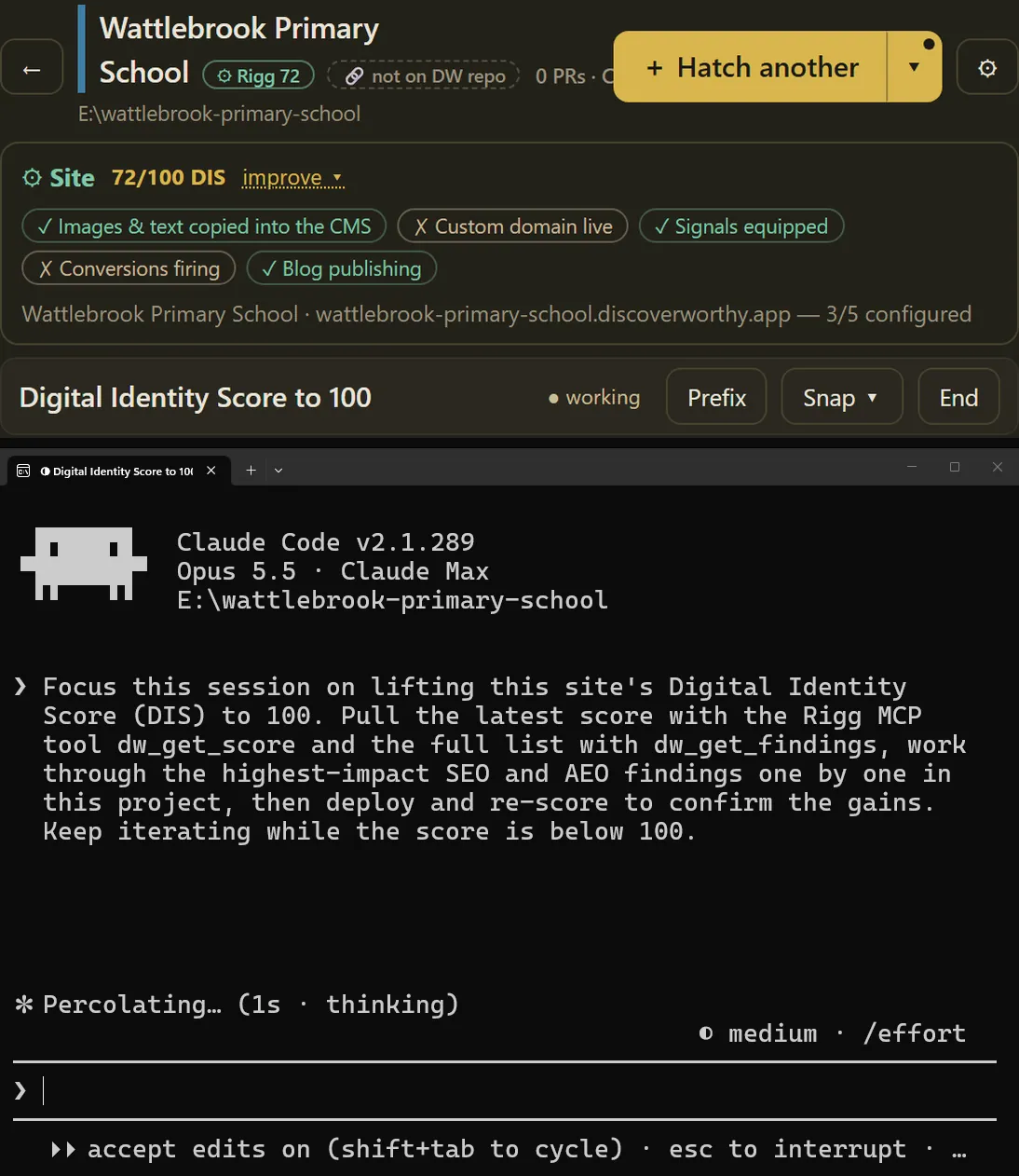 A recorded DIS to 100 session on Wattlebrook Primary School, a demo site: Roost's site card reads 72/100 DIS while Claude Code pulls the findings through Rigg, rewrites titles and descriptions, adds structured data and a sitemap, checks and deploys, and the card ends at 100/100 DIS, Rigg 100 up 28