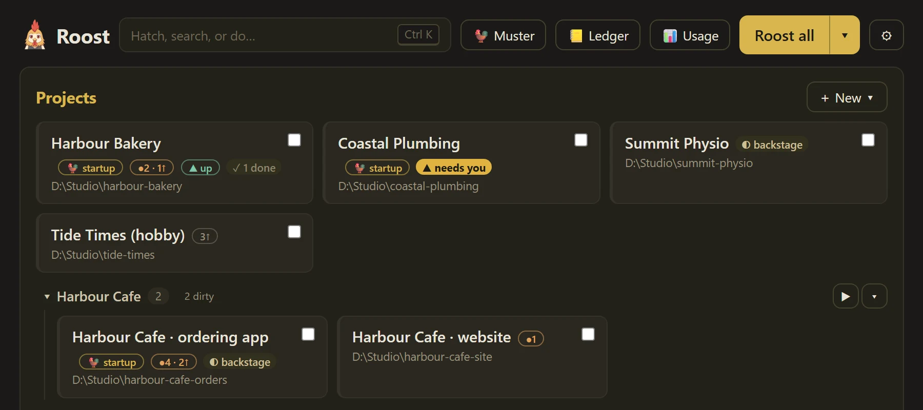 The Roost board just after Windows started: startup projects running in the background, Harbour Bakery with one session done, Coastal Plumbing needing you, and Summit Physio resumed