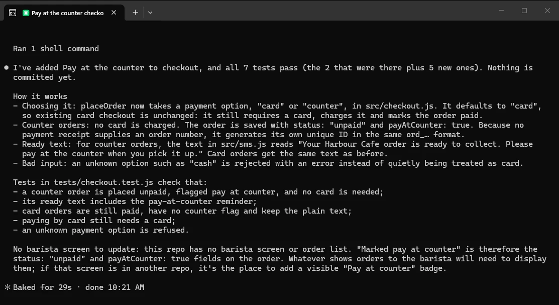 The same Claude Code session finished: a plain-English summary of the Pay at the counter change and its tests, and all 7 tests passing