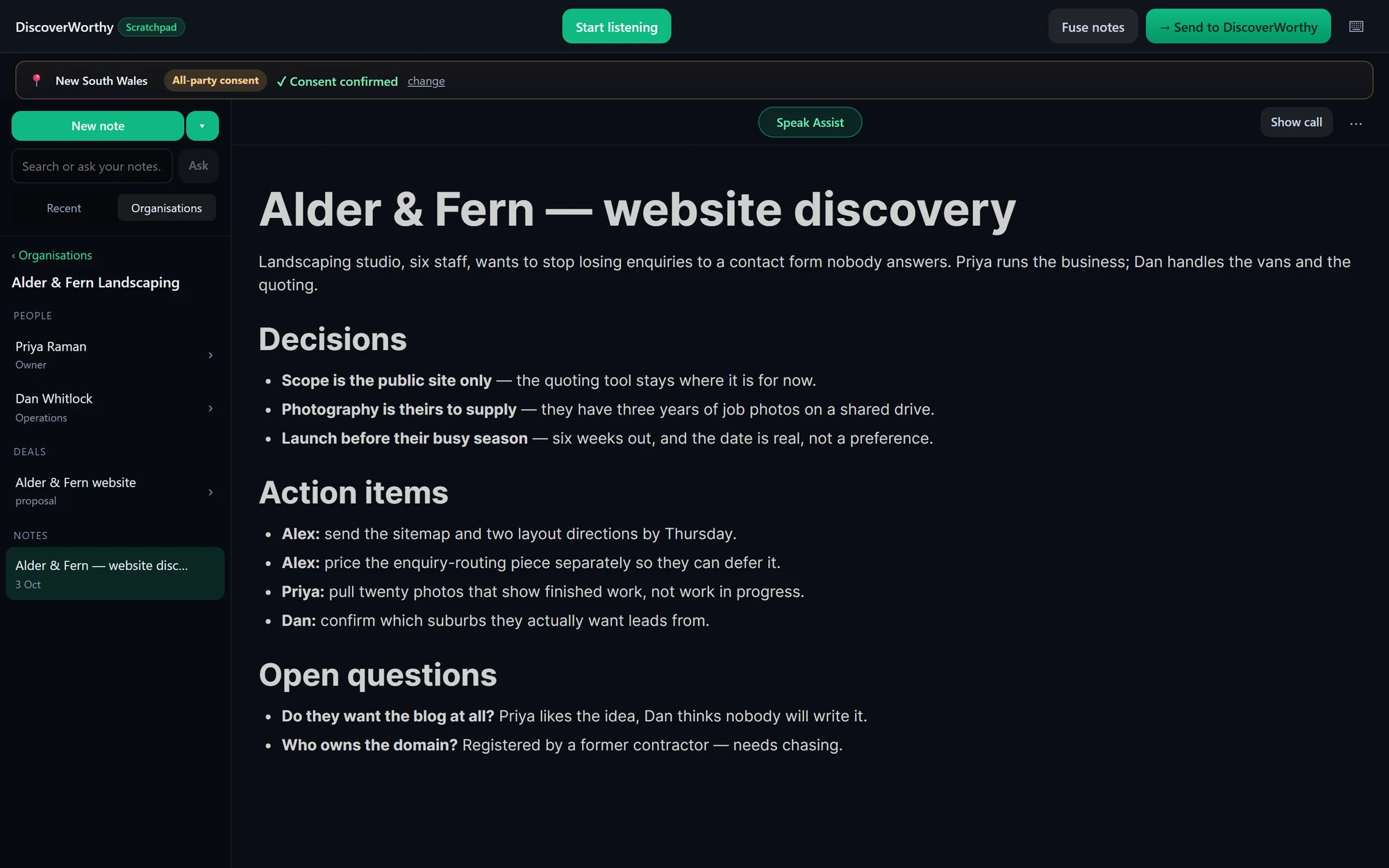 Scratchpad’s Organisations view for a demo client, Alder & Fern Landscaping: its people, its website deal and its call notes, with the discovery call open