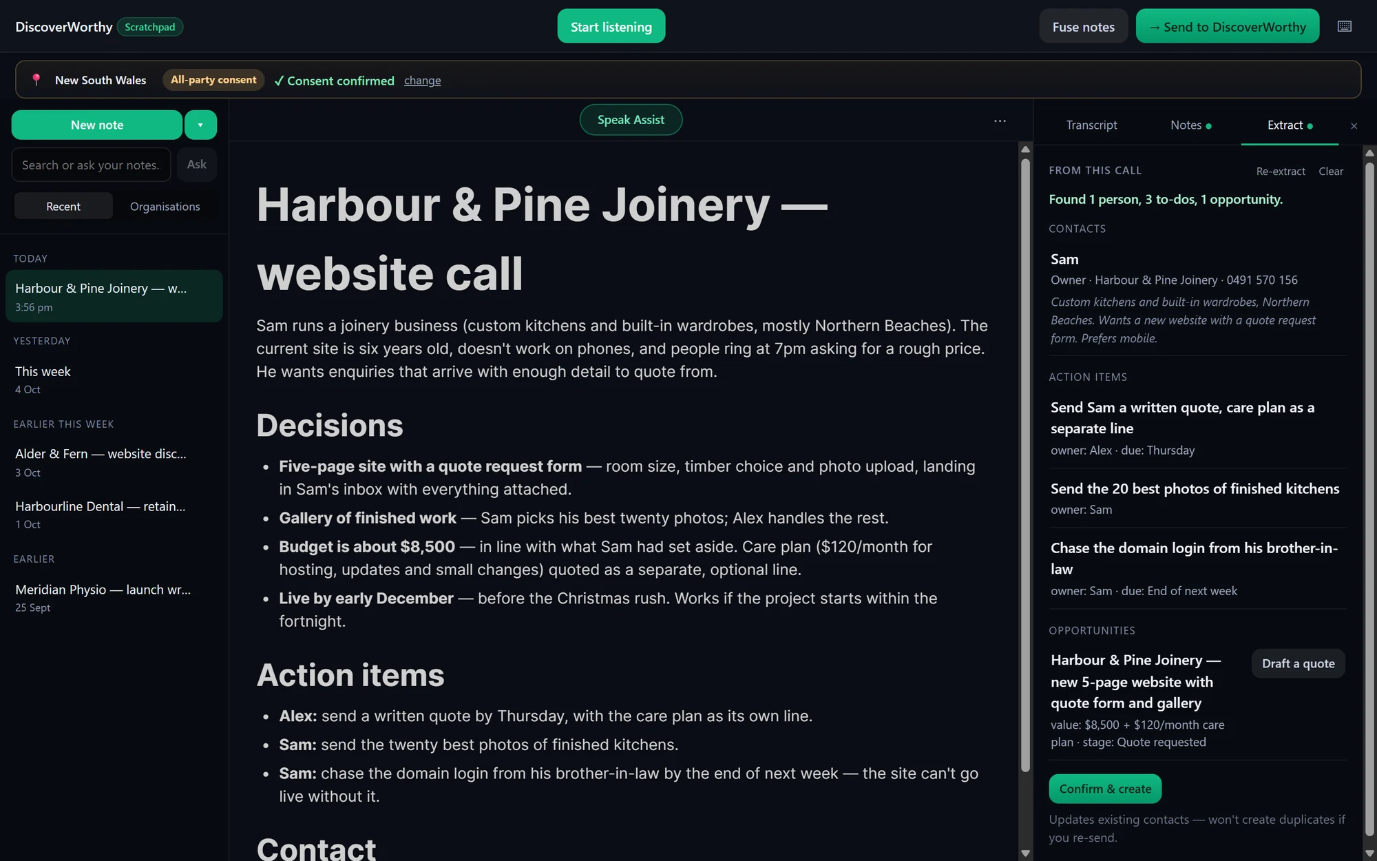 A finished call in Scratchpad: clean notes with a summary, decisions and action items on the left, and on the right the contact, three to-dos and an $8,500 website opportunity with a Draft a quote button