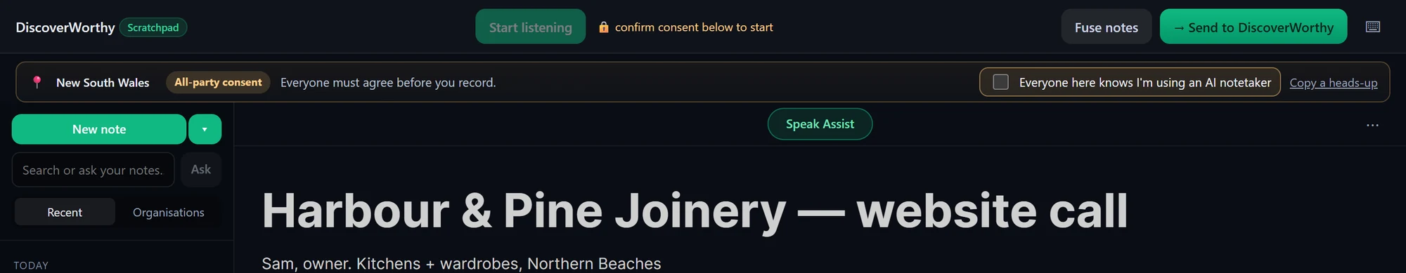 Before a call in New South Wales: an all-party consent notice, Everyone must agree before you record, a tick box for Everyone here knows I’m using an AI notetaker, and Start listening locked until it’s ticked