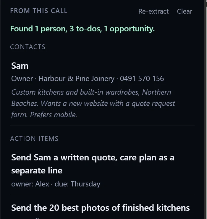 What Scratchpad pulled out of a call with a demo joinery business: the contact Sam with his phone and what he wants, and the first of three to-dos with its owner and due date