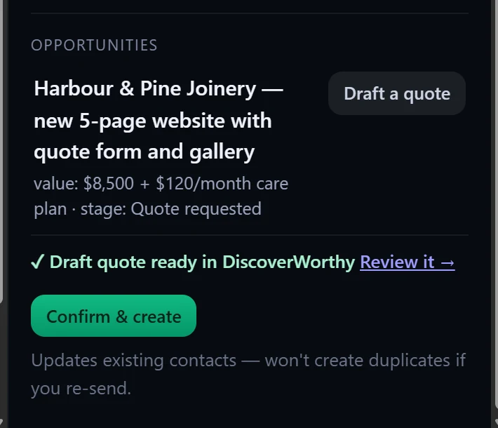 After Draft a quote: Draft quote ready in DiscoverWorthy, Review it, above the Confirm and create button